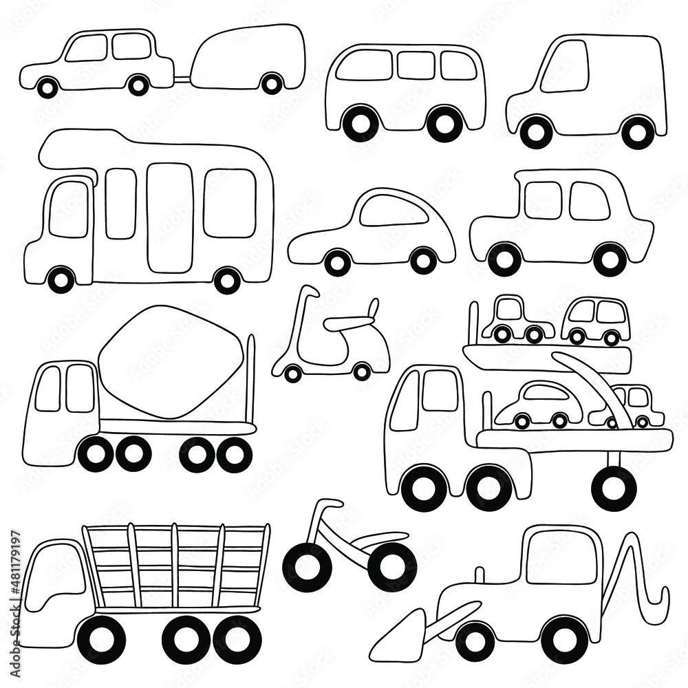Vector set with outline cartoon transport for children creativity ...