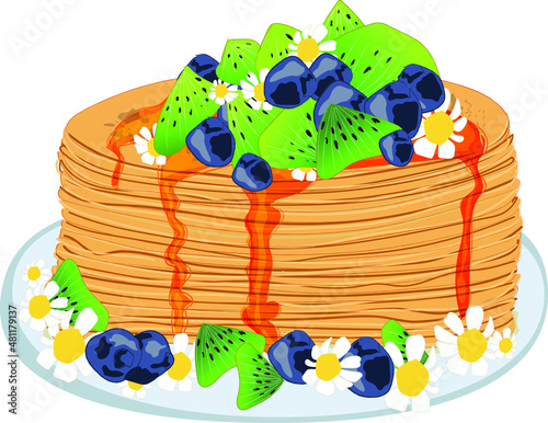 Sweet Crepe or Pancake Served on Plate with honey and berry Jam Vector illustration. Maslenitsa or Pancake Week. Russian holiday Maslenitsa. Russian blini with honey, hand drawn, bright cartoon style