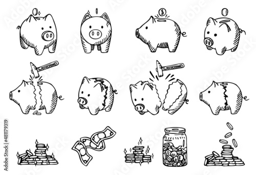 Set piggy banks. Kit for safe savings, different piggy banks, broken money box and glued, coins, cash, gold.