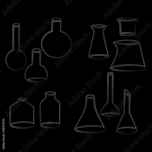 Chemical test tubes vector icons set minimalist simple illustrations. Experiment chemical flasks for science isolated on black background.