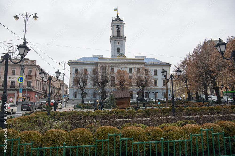 City Hall building in historical center of Chernivtsi, Ukraine. December 2022