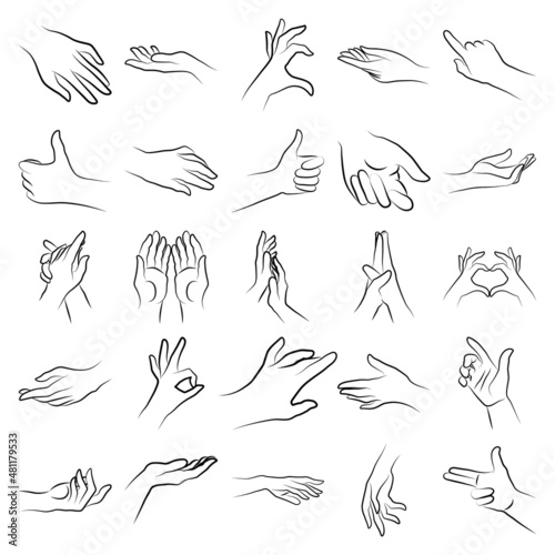 Set of miscellaneous women hands gestures simple outline minimalistic linear style. Vector Illustration of female hands for create logos  prints and other designs on white background