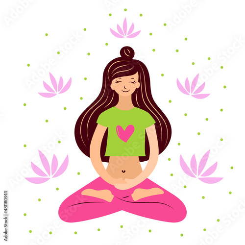 Meditation. A young woman sits in a lotus position with her eyes closed and meditates. Yoga practice. Flat design. Hand drawn. Isolated image on a white background. Vector illustration.