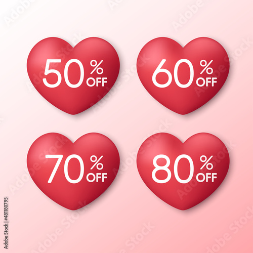 Happy valentine's day greeting poster or banner sale 50%, 60%, 70% and 80%, off. promotion and shopping template, 3D sweet hearts on pink background.