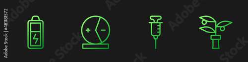 Set line Syringe, Battery, Atom and Plant breeding. Gradient color icons. Vector