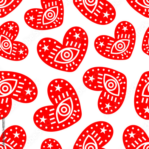 Seamless heart pattern decorated with an eye. Romantic pattern for Valentines Day. Vector illustration