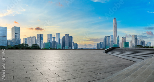 Panoramic skyline and modern commercial office buildings with empty road at Shenzhen, China. empty square floors and cityscape.