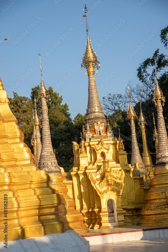 Golden pagoda's at buddhist temple