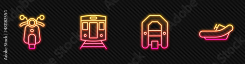 Set line Rafting boat, Scooter, Train and railway and . Glowing neon icon. Vector