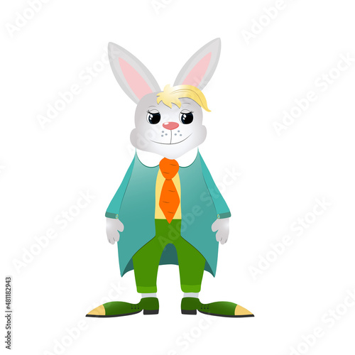 Cute and funny bunny on a white background. Vector illustration of cartoon character. Rabbit dressed in a jacket, pants and tie.