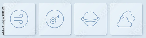 Set line Windy weather, Planet Saturn, Mars symbol and Cloudy. White square button. Vector