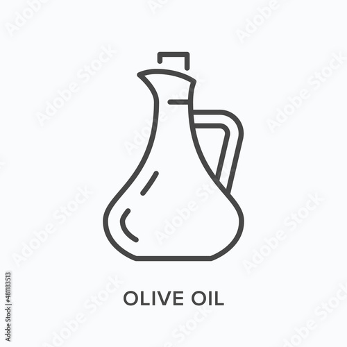 Olive oil flat line icon. Vector outline illustration of glass bottle with cork. Black thin linear pictogram for cooking stuff