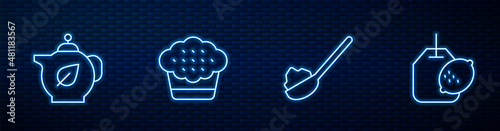Set line Spoon with sugar, Teapot leaf, Muffin and bag lemon. Glowing neon icon on brick wall. Vector