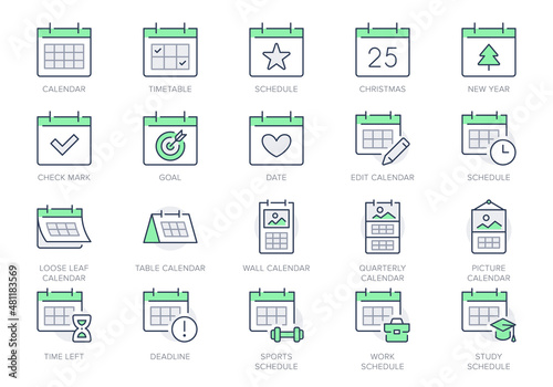 Calendar line icons. Vector illustration include icon - hourglass, deadline, timetable, deadline, agenda, sandglass outline pictogram for syllabus schedule. Green Color, Editable Stroke