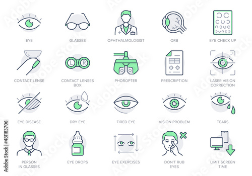 Ophthalmology line icons. Vector illustration include icon - contact lens, eyeball, glasses, blindness, eye check, outline pictogram for optometrist equipment. Green Color, Editable Stroke