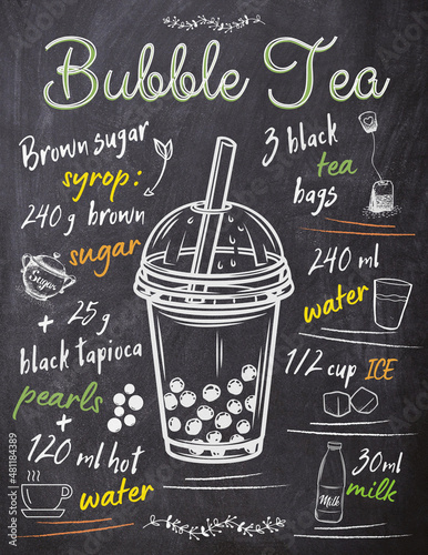 Bubble Tee Rezept, Milch Tee auf schwarze Retro Kreide Tafel. Boba Tee. photo
