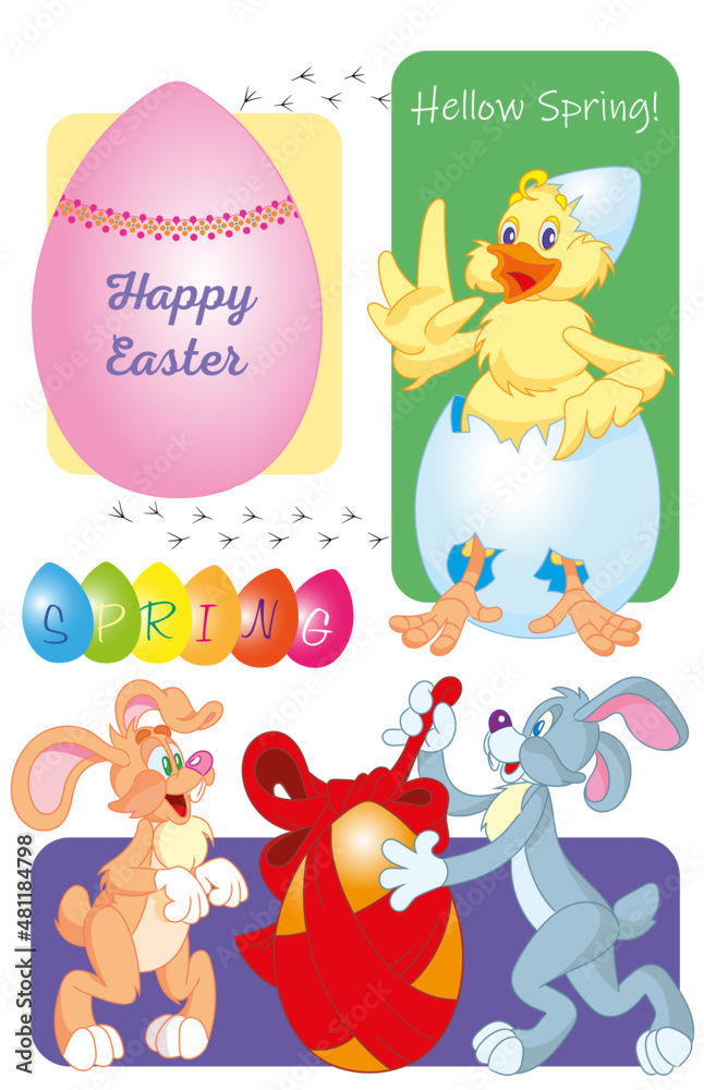 Fototapeta premium Easter stickers with bunnies, eggs and chick. Vector