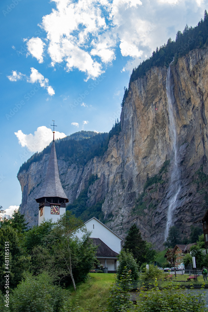 Church and waterfall at Lauterbrunnen valley