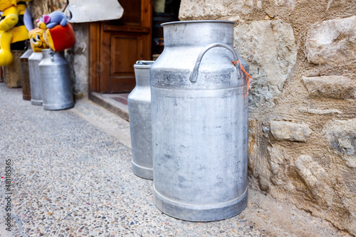 Old aluminum containers for storing milk.