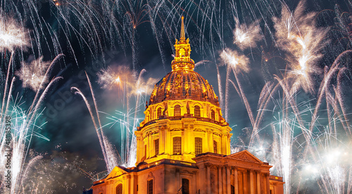 Celebratory colorful fireworks over the Les Invalides (The National Residence of the Invalids) at night. Paris, France #481185398