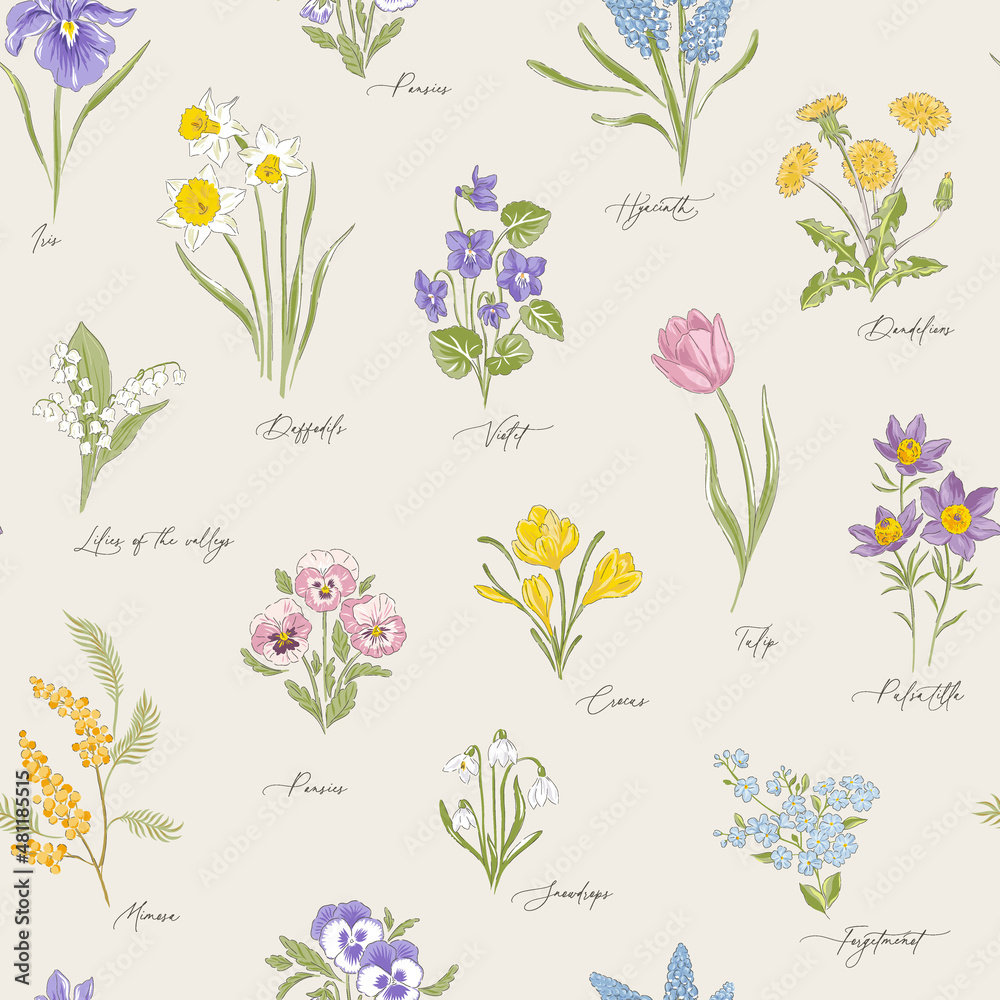 Spring Garden variety flowers hand drawn vector seamless pattern. Vintage Romantic Bloom design. Curiosity Cabinet Botanical aesthetic floral print for fabric, scrapbook, wrapping, card making