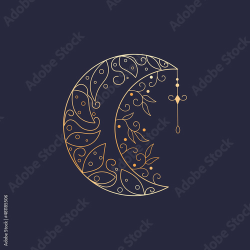 Golden crescent moon with leaves. Floral glowing mystical vector illustration on dark background. Celestial line art. Esoteric elements. Use for astrology, tarot poster, boho fabric print, logo.