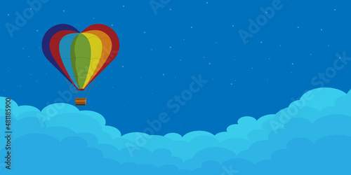 Fototapeta Naklejka Na Ścianę i Meble -  Colored hot air balloon in the shape of a heart flying over the clouds against the background of the stars, vector
