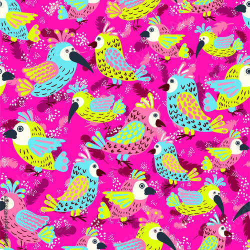 Vector seamless pattern with parrots. Cute stylized birds. blank for printing on fabrics and paper for children