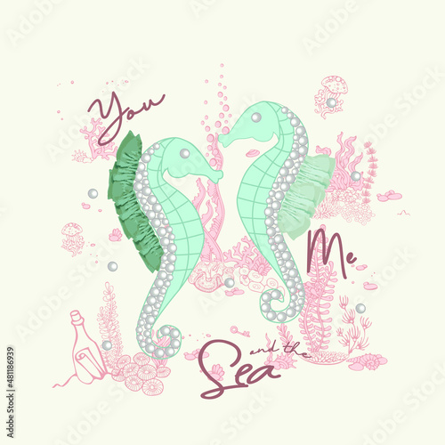Under water graphic with sea horse and corals for kid girls in editable vector file; can be use for tops, tees , mobile cover, and wall hanging