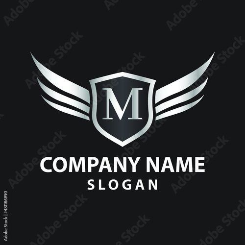 Luxury Letter M Gold Wing with Shield Logo template, Golden Wing Shield Luxury Initial Letter M logo