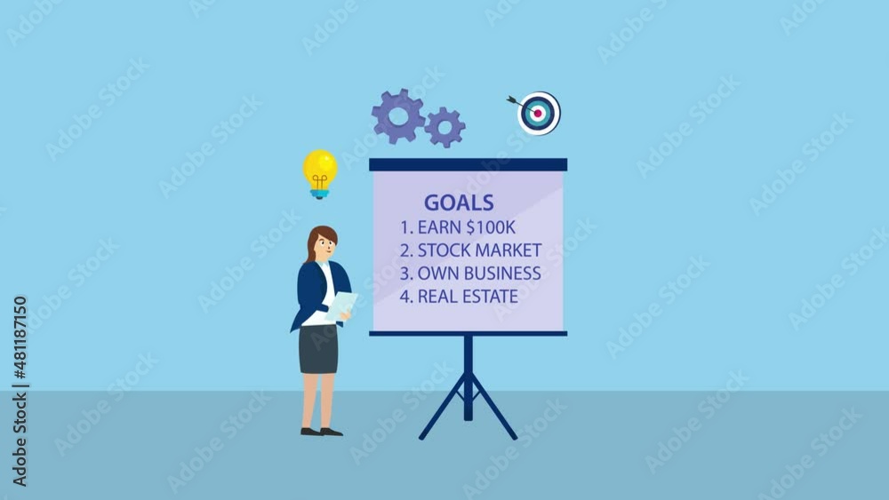 Woman standing with her goals on the whiteboard Woman standing with her goals on the whiteboard