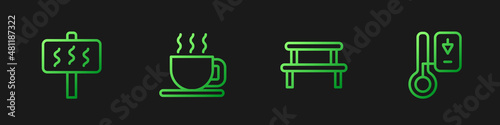 Set line Sauna wood bench, Cup of tea and thermometer. Gradient color icons. Vector