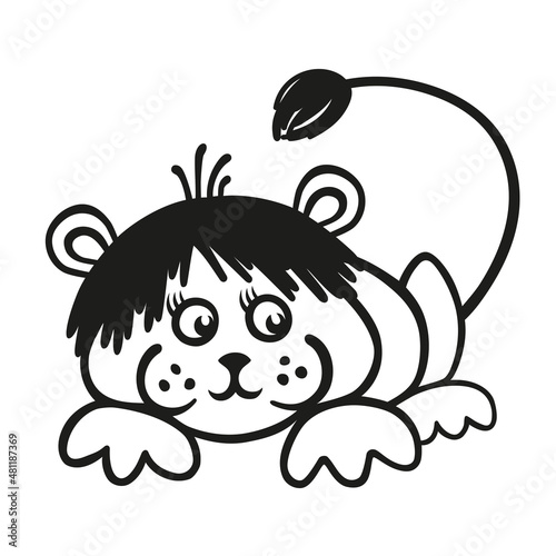 Lying baby lion. Black and white cartoon.