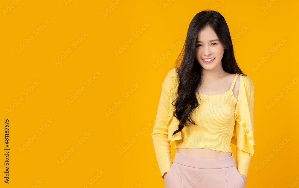 Portrait young asian woman with smile Beautiful girl standing over yellow background and copy space Studio shot Pretty asia female hand in trouser pocket Beauty lady has long hair Attractive girl Portrait young asian woman with smile Beautiful girl standing over yellow background and copy space Studio shot Pretty asia female hand in trouser pocket Beauty lady has long hair Attractive girl