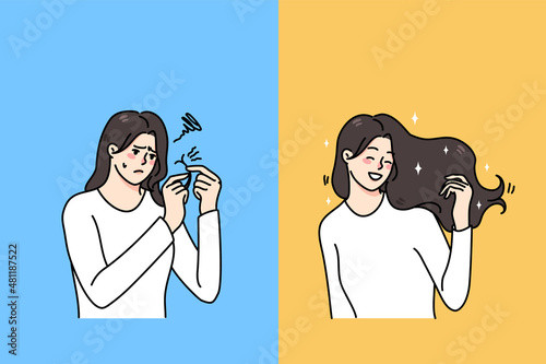 Woman before and after good quality hair salon treatment. Girl with split ends get saloon keratin procedure smoothing and rejuvenation procedure. Beauty and cosmetic. Vector illustration. 