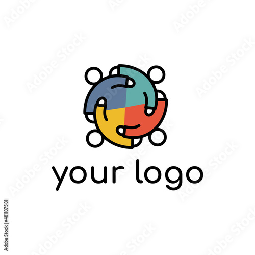 Teamwork group logo. Symmetrical round linear style sign for mobile concept and web design. Four people circle outline vector icon. Vector graphics