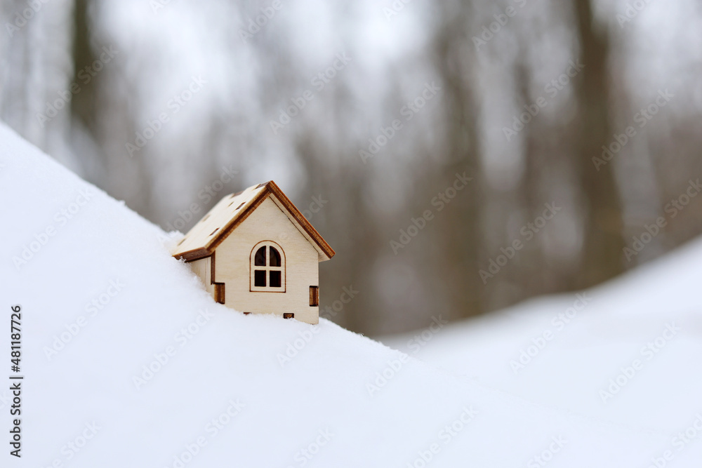 Wooden house model in a snow on winter forest background. Concept of country cottage, real estate in ecologically clean area Wooden house model in a snow on winter forest background. Concept of country cottage, real estate in ecologically clean area