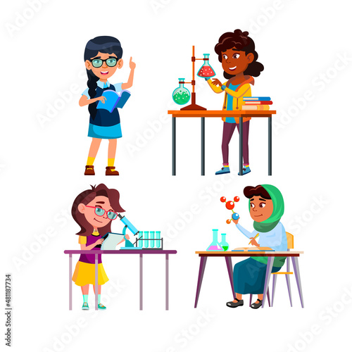 school kid girl scientist set school lab. science child. laboratory experiment. chemistry education. children study. young student. scientific test people vector illustration