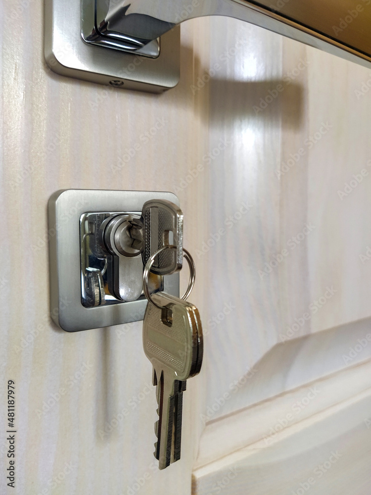 Open the door. Entrance to the house. Metal door handles and keys close up Open the door. Entrance to the house. Metal door handles and keys close up