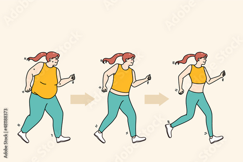 Young woman in sportswear jogging lose weight. Overweight fat female do sports exercise train for good body shape. Diet and wellness concept. Flat vector illustration. 