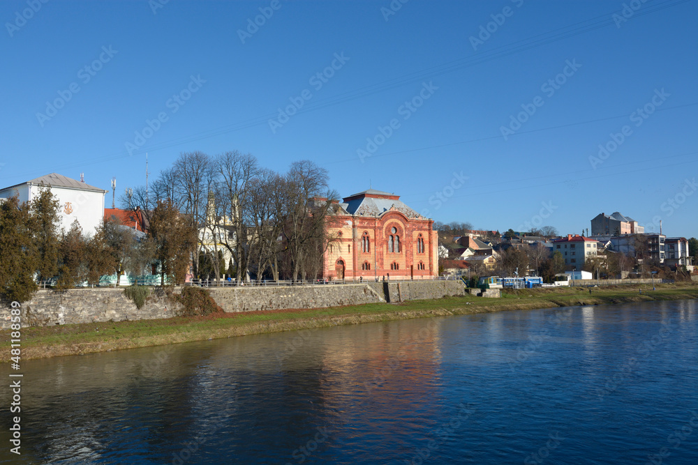 View of Uzh river and buildings of the center of Uzhgorod, Ukraine
