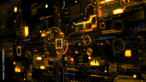 Abstract futuristic device. Orange and yellow digital hi-tech elements on a circuit board around CPU. Depth of field settings. 3D rendering