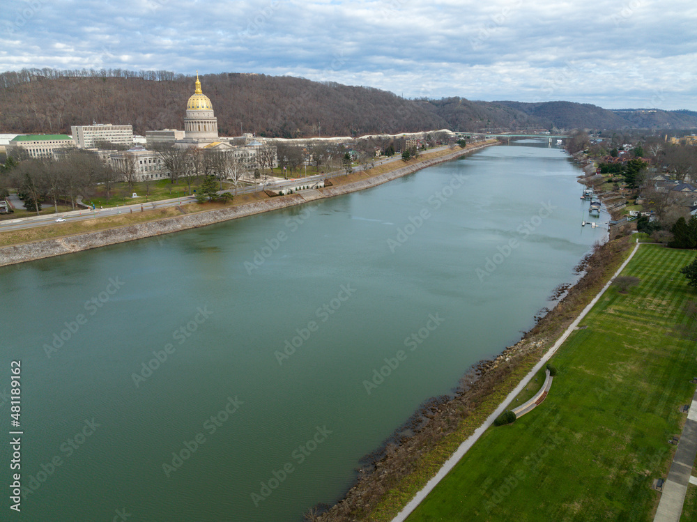 DJI Mavic 3 aerial footage of the West Virginia State Capitol overlooking the Kananwha River