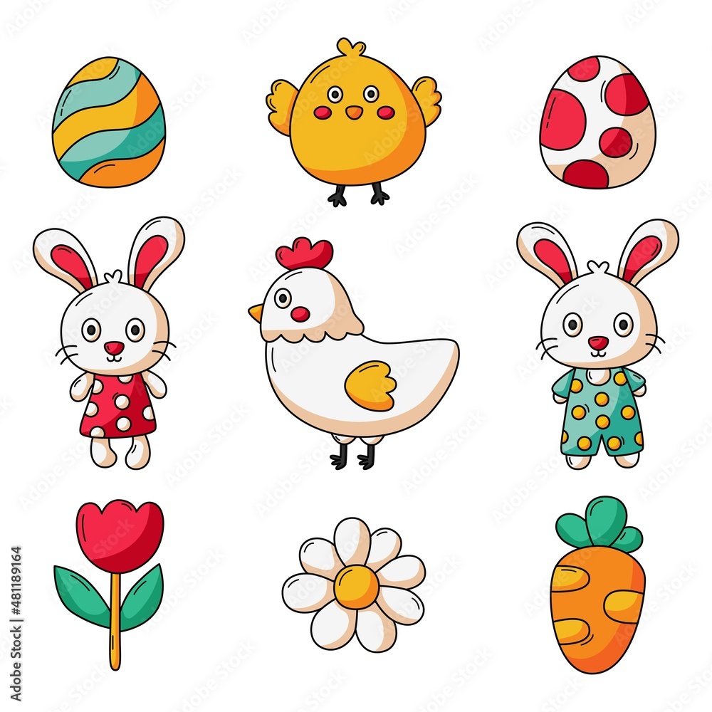 Happy Easter day set. cartoon character rabbits and chicks isolated on white background. vector Illustration. Happy Easter day set. cartoon character rabbits and chicks isolated on white background. vector Illustration.