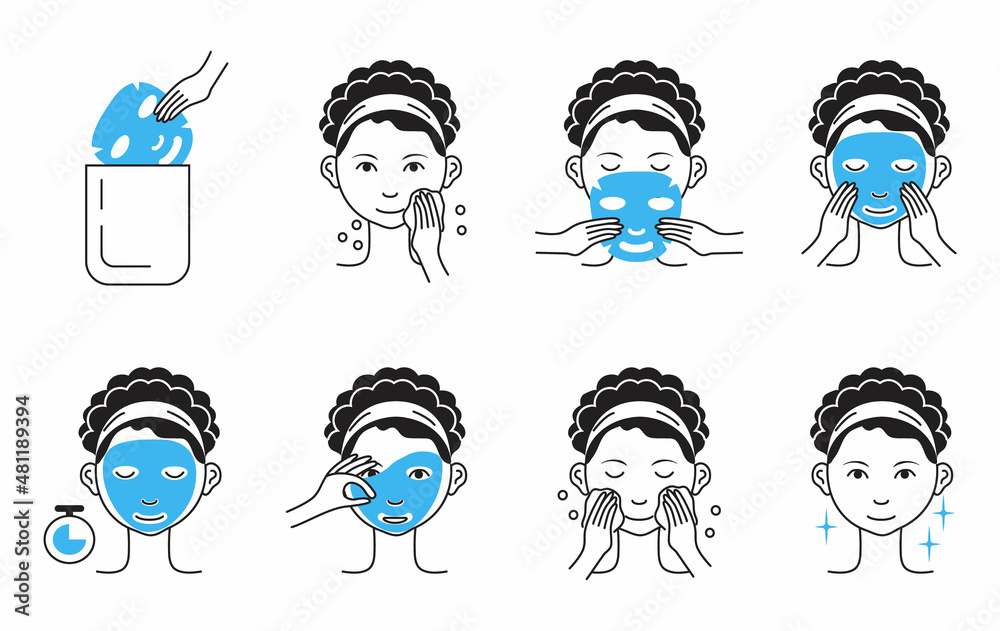 Facial mask sheet applying steps vector. Girl shows steps descriptions how to cleaning, whiting