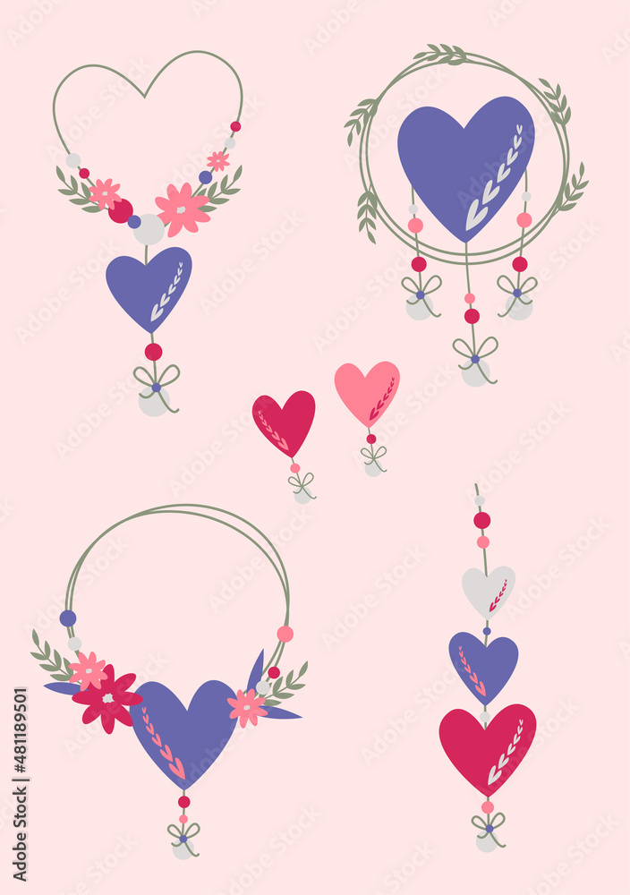 Decorative elements and beads with hearts. Vector image in boho style. valentine's day. Greeting card with a declaration of love.