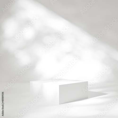 Empty pedestal or podium with sunny shadow in blank studio or room. Minimal scene backdrops for product display. 3D Rendering.