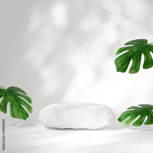 Empty stone pedestal or podium with sunny shadow in blank studio or room. Minimal and nature scene backdrops for product display. 3D Rendering. © ampcool