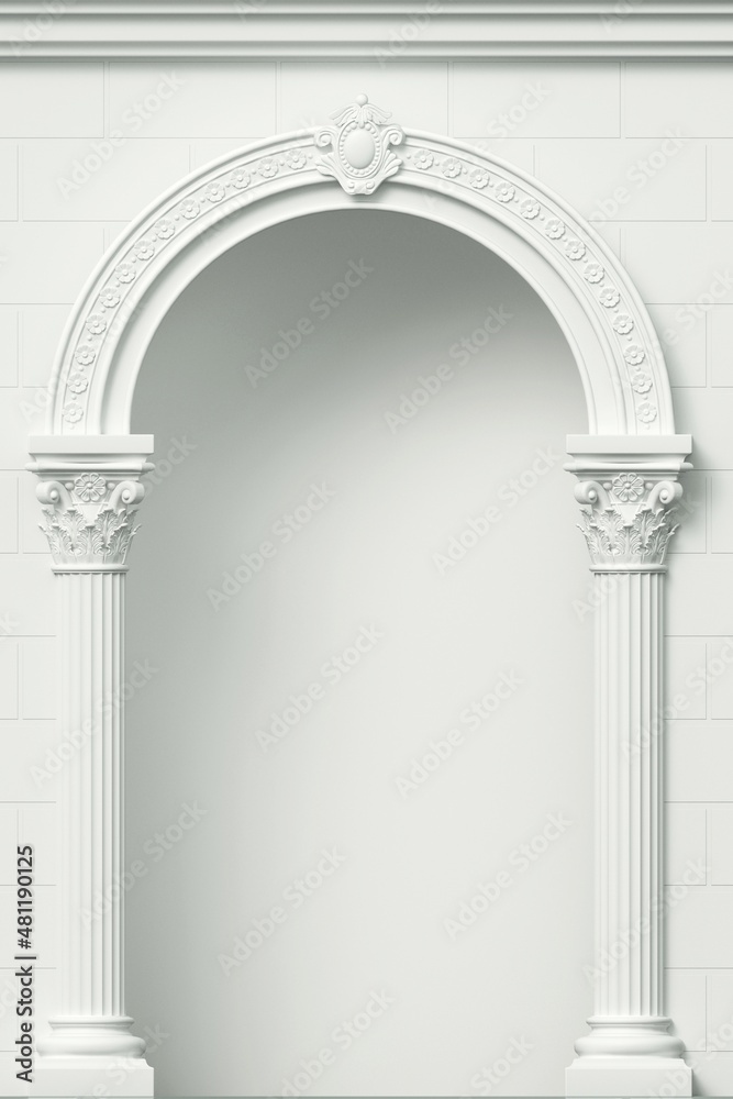Fototapeta premium 3 d illustration. Antique white colonnade with Corinthian columns. Three arched entrance or niche.