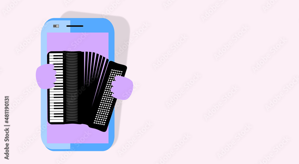 MOBILE PHONE playing the piano ACCORDION, close-up isolated. Cellphone, smart technology. ILLUSTRATION with reference to art. Poster of music. Wind musical instrument. Refers to sound. MOBILE PHONE playing the piano ACCORDION, close-up isolated. Cellphone, smart technology. ILLUSTRATION with reference to art. Poster of music. Wind musical instrument. Refers to sound.